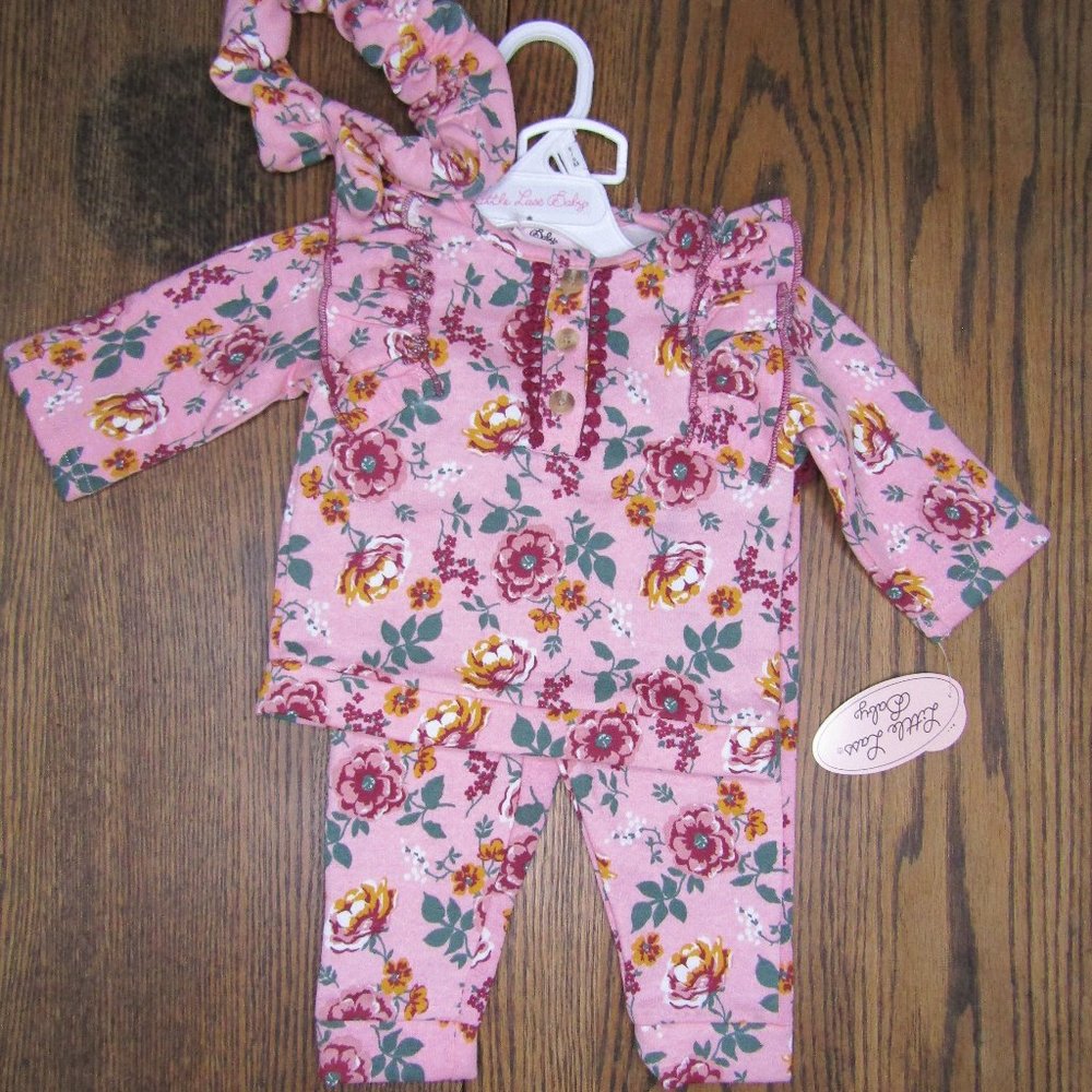 Little Lass Baby Girls 3 piece pink floral outfit